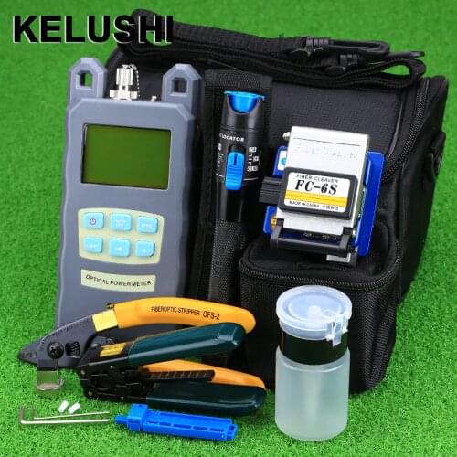 KELUSHI 9pcs/set FTTH Tool Kit with FC-6S Fiber Cleaver and Optical Power Meter 1mW Visual Fault Locator Fiber Optic Stripper