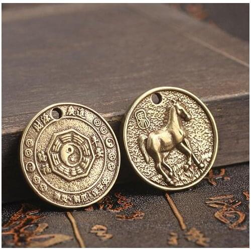 Chinese Fengshui Eight Diagrams The Twelve Zodiac Animal Horse Pure Copper Hangs Safety Card Key Buckle Pendant Statu