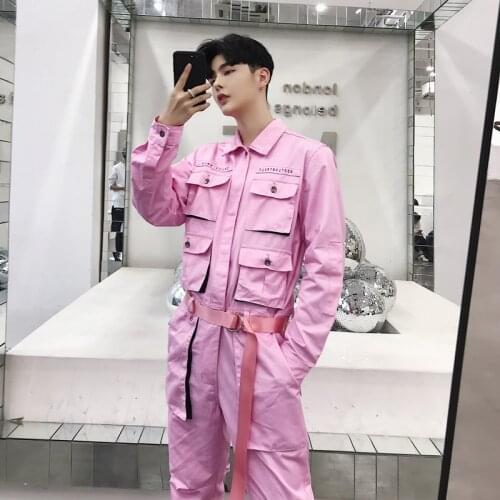 Men fashion pink black multi pockets overalls hip hop jumpsuit women casual cargo pants Japan style vintage joggers trousers