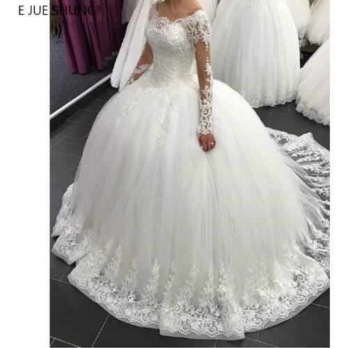 E JUE SHUNG Lace Appliques Ball Gown Wedding Dresses Scoop Neck Lace Up Back Long Sleeve Bridal Gowns robe de mariee