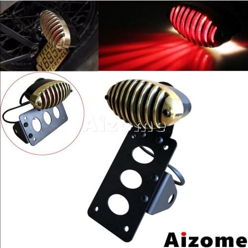 Motorcycle Custom Brass Grille Tail Light w/ Number Plate Bracket For Harley Honda Chopper Cafe Racer Cat Eye Rear Stop Light