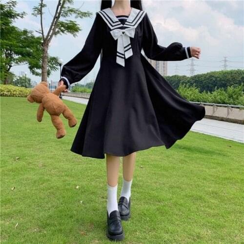MAGOGO Navy Collar Black Dress Female New Britain Loose College Style Long Dress Hot Sale