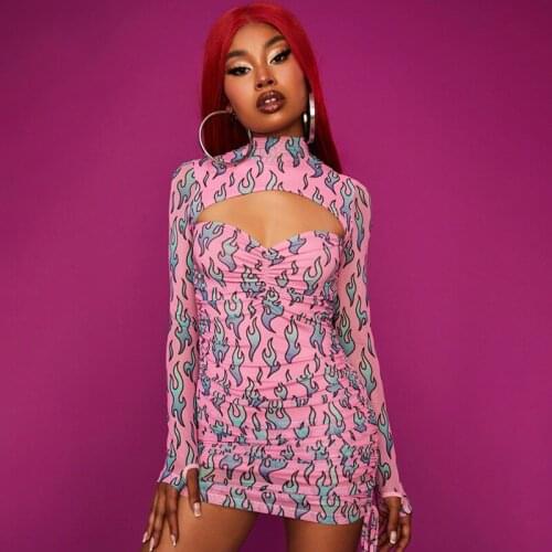 Mini Dress Turtleneck Long Sleeve Flame Print Cut-out Neck Women Gothic Streetwear Club Dress Streetwear Spring