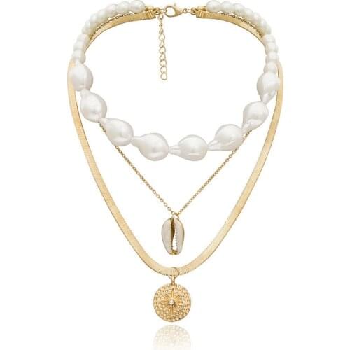 New Arrival Creative Shell embossed Flower Personality Baroque Pearl Micro-inlaid Multi-layer necklace pendant