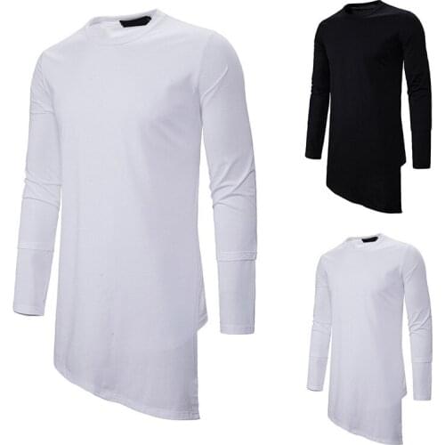Mens Long Sleeve T-Shirt Youths Round Neck Solid Color Long T-shirt Student Casual Loose Irregular Hem Pullover Tops