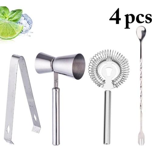 4 Pcs/Set Stainless Steel Bartender Kit Cocktail Mixing Spoon Ice Tongs Measuring Cup With Handle Strainer Bar Accessories