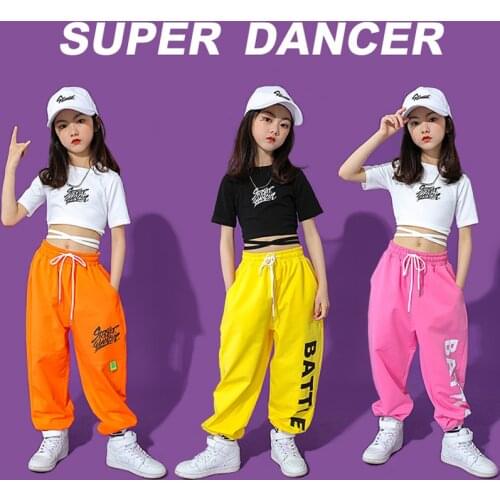 Hip Hop Girls Clothing Jazz Tops Cropped Loose Hip Hop Pants Kids Modern Street Dance Wear Ballroom Performance Costume BL6349