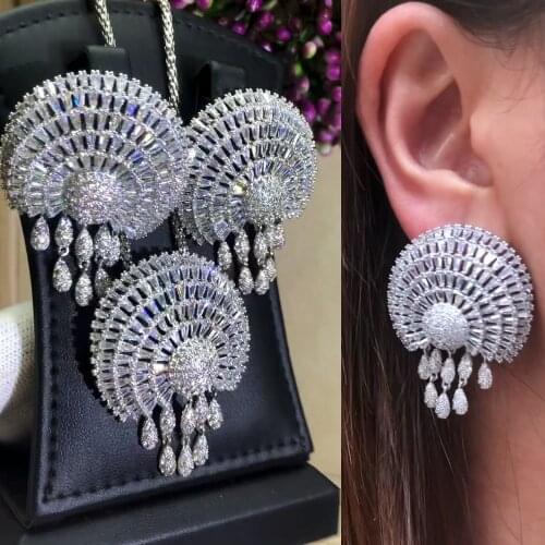 Noble Women Wedding Big Round Drop Pendant Earrings Necklace Jewelry Set Fine Super CZ New Design Fashion Accessories