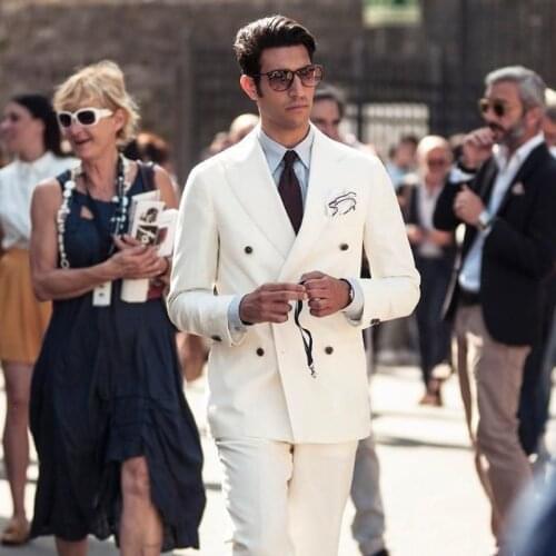 Ivory Casual Men Suits Slim Fit Wedding Tuxedos Double Breasted Groom Wear 2Pcs Bridegroom Suits Groomsman Blazer Costume Homme