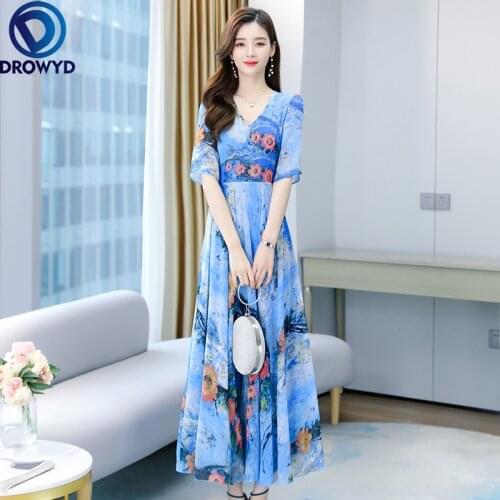 Plus Size Vintage Chiffon Casual Midi Sundress 2021 Spring Summer Elegant Women Boho Beach Maxi Dress Party Short Sleeve Vestido