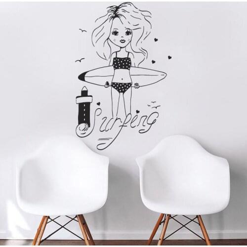 Lovely Girl Wall Stickers Surfing Vinyl Decal Beach Style Home Decor Girls Room Decoration Surfer Surf Board Mural Bikini O175