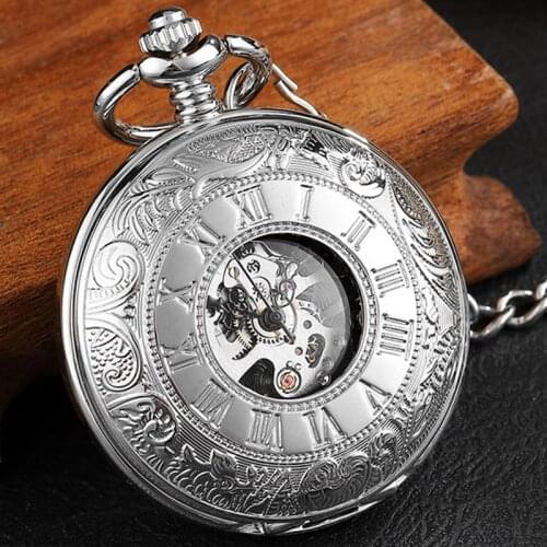 Vintage Silver Double Sided Engraved Case Roman Numerals Mechanical Pocket Watch Men Hollow Smooth Back Hand Watch Necklace Gift