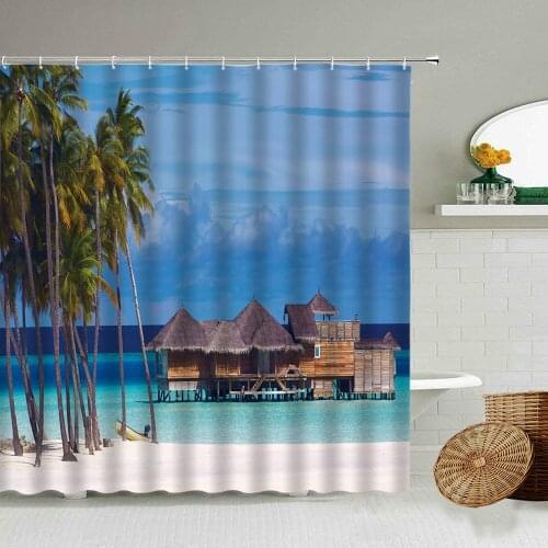 Mediterranean Ocean Beach Coconut Tree Waterproof Shower Curtain Resort Summer Tourist Attractions Bathroom Accessories Screen