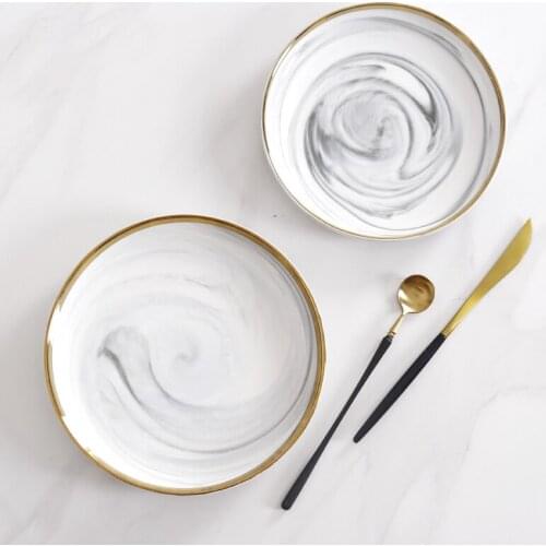High Quality 7.5 Or 8 Inch Gold Gilded Stripe Marble Pattern Porcelain Plate Ceramic Dinner Dish Tableware Dinner Set Dinnerware