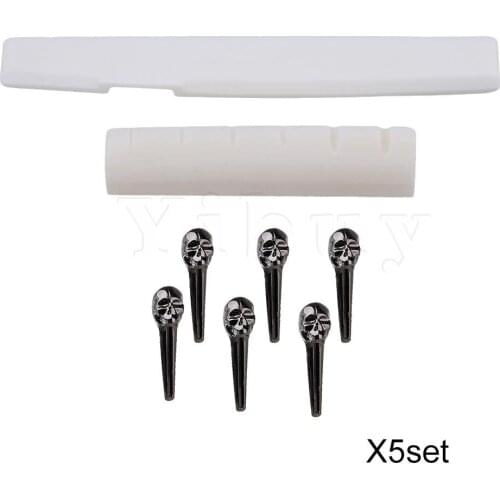 Yibuy Folk Guitar Bridge Saddle Nut and Black Bridge Pin Set of 5