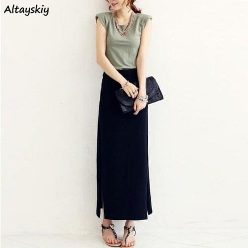 Skirts Women Summer Slim Ladies Clothes Side-slit Black Solid Simple All-match Harajuku Korean Style Preppy Popular Vintage New