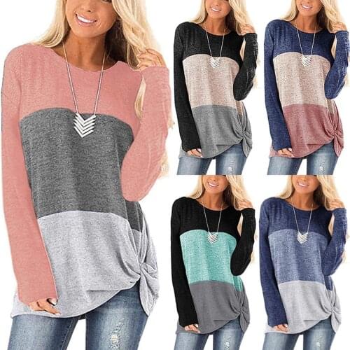 Womens T-Shirt Autumn Winter Casual Loose Long Sleeve Color Blocking Twistes Kink Pullover Basic Tee Fashion O Neck Tops
