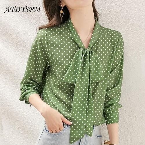 Elegant Bow Lace Up Polka Dot Blouses Women Long Sleeve Chiffon Shirts Vintage Office Lady Tops Shirt Female Casual Clothing