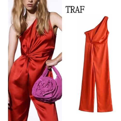 TRAF Za Satin Women Jumpsuit 2021 Summer Vintage Red Asymmetric Elegant Jumpsuit Woman Ruched Loose Party Holiday Woman Clothes