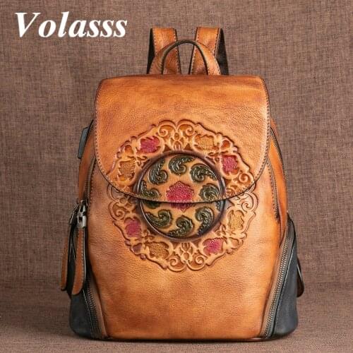 Volasss Fashion Retro Backpack Woman Genuine Leather Backpacks For Women 2021 Handmade Embossed Vintage Bag China Style Backpack