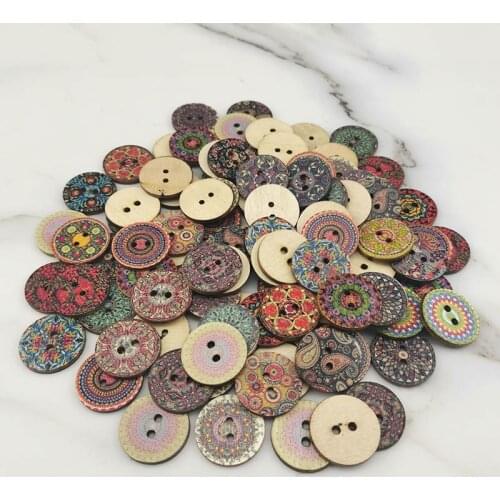 100pcs mix) 2 Holes Wood Buttons For Craft Round Sewing Accessories Scrapbook DIY Home Decoration Vintage painted print
