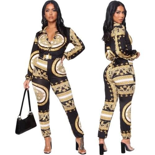 2020 Jumpsuit Womens Long Sleeve Slim Printed Waist Jumpsuit Casual Jumpsuit