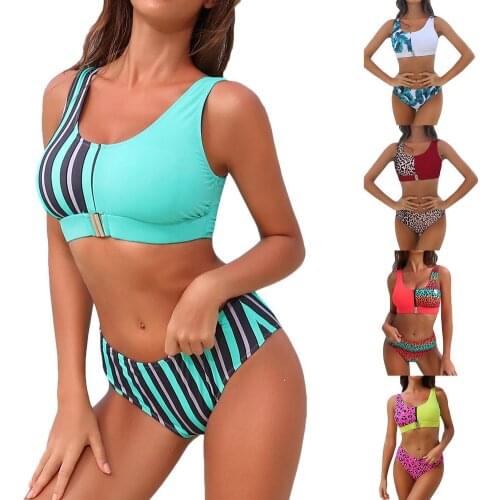 2021 Sexy Swimwear Mid Waisted Swimsuit Summer Bikini Suit Elastic Zipper Split Sexy Swimsuit Bathing Suit 2 Piece Set Women