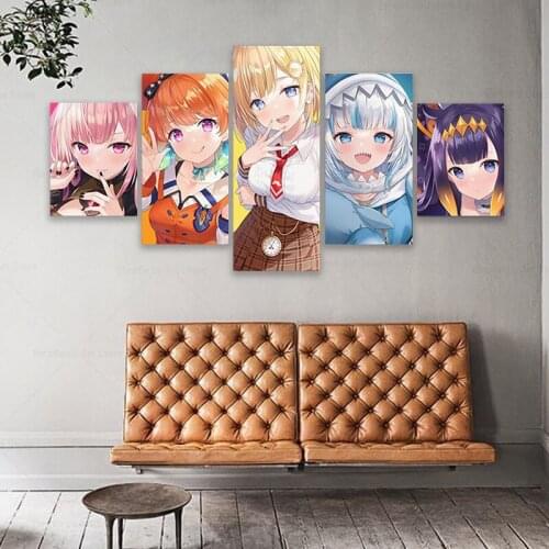 Anime Hololive Ninomae Gawr Gura 5 Piece Poster Pictures Home Decoration Paintings Canvas HD Prints Wall Art Modular Living Room