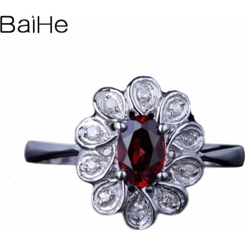 BAIHE Solid 10K White Gold 0.624ct Red Oval cut Genuine Garnet Engagement Ring Engagement Women Trendy Fine Jewelry Garnet Ring