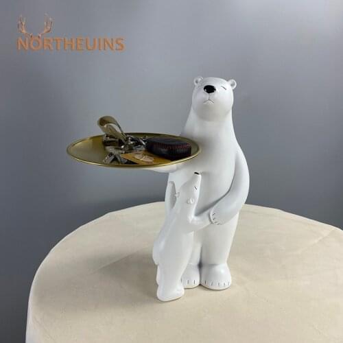 NORTHEUINS Resin White Polar Bear Storage Tray Figurines Noric Modern for Home Decoration Accessories Creative Animal Statue