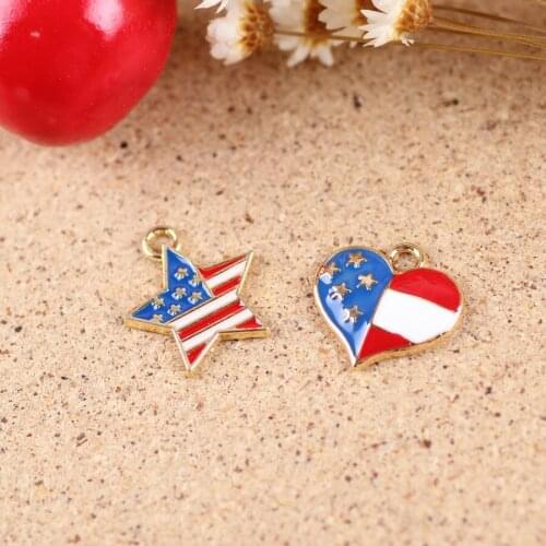 Free Shipping 20PCS/Lot Gold Tone Oil Drop Enamel US Flag Style Star Heart Alloy Jewelry Charms for DIY Necklace Bracelet