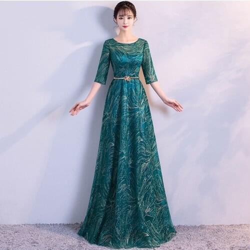 Shiny Sequin Long Evening Dress Sexy Transparent Half-Sleeve Belt Luxury Green Formal wear Dress Elegant Special Occasion Dress
