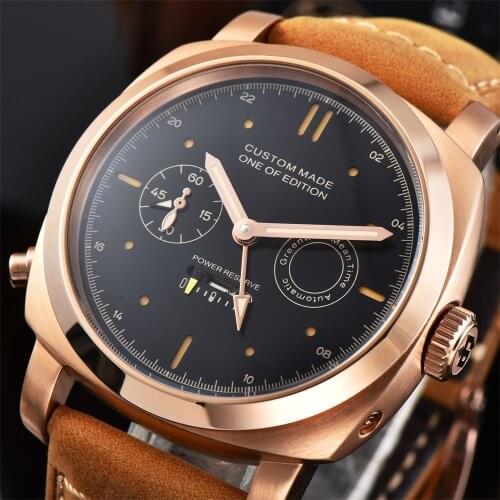 44mm Watch Men Steel Power Reserve Seagull Automatic Movement Luminous Date Watches Mens Clock Military Leather Strap P17