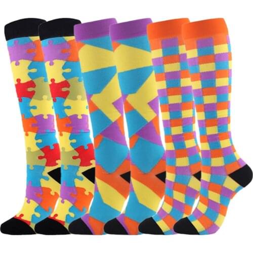 New Compression Stockings Outdoor Sport Puzzle Square Plaid Bright Comfortable Nylon Prevent Varicose Veins 15-20mmHg