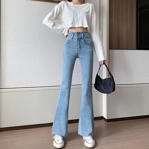 High Waist Slim Flared Jeans For Women Classical Solid Denim Bell Bottom Pants Vintage Burrs Two Button Denim Trousers Female
