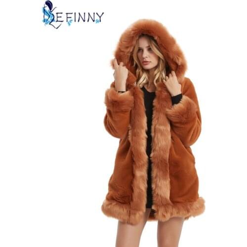 Elegant Ladies Thick Hooded Faux Fur Coat Fashion Women Winter Clothing Outerwear With Fur Trim and Pockets