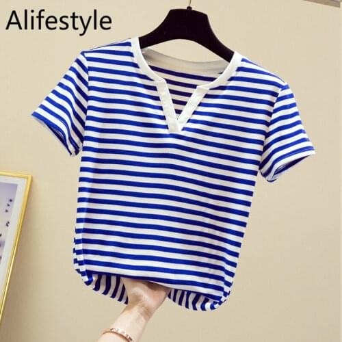 2020 Summer New Loose Stripe V-Neck Short Sleeve T-Shirt Popular Brand High Elastic Fashion Casual Short Sleeve T-Shirt
