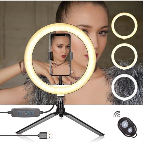 10 Inch Selfie Ring Light with Tripod Stand & Cell Phone Holder for Live Stream Makeup Mini Led Camera for YouTube