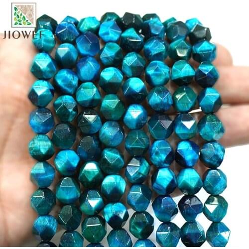6 8 10MM Natural Stone Diamond Faceted Peacock Blue Tiger Eye Stone Round Loose Beads for Jewelry Making DIY Bracelet 15"Strand
