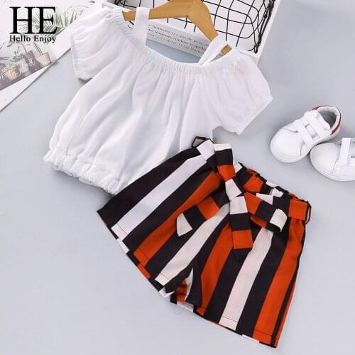 HE Hello Enjoy Toddler Kids Baby Girl Clothes Sets Strapless White Blouse + Striped Shorts Summer 2PCS Infant Girl Clothes 2021
