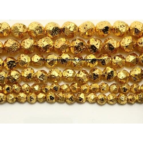 Natural Stone Big Cuts Faceted Gold Plated Volcano Lava Round Loose Beads 15" 6 8 10 12MM For Jewelry Making DIY