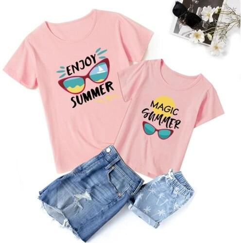 Family Matching Outfits Enjoy summer Sunglass print T-shirt Girl Boy Clothes MOMMY KID BABY short sleeve top mom and girl dress