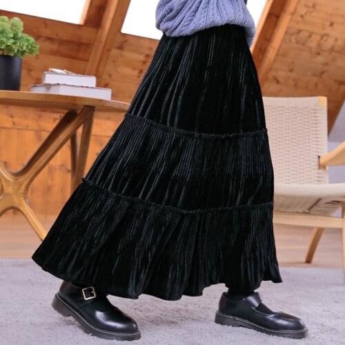 Autumn kids & teenager girls velvet long maxi skirts teen girl fall winter velour ruffle cake skirts fashion childrens clothing