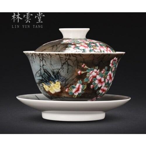 Lin Yuntang jingdezhen pastel tureen bowl tureen large tureen high-grade tea cups, cups