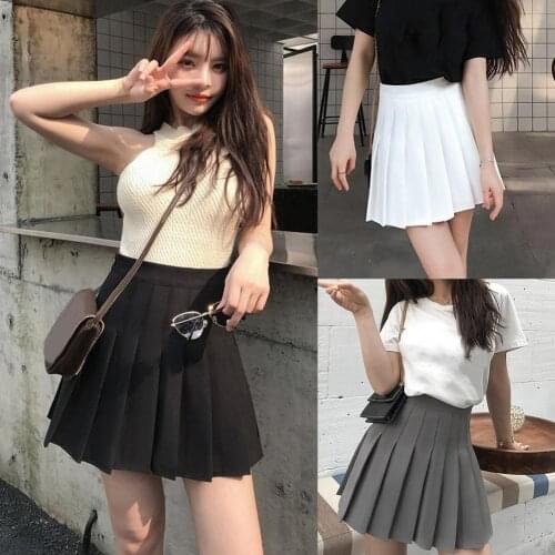 Casual Women Solid Color High Waist Flared Pleated A Line Mini Skater Skirt black white skirt Fashion Female Mini Skirts Short