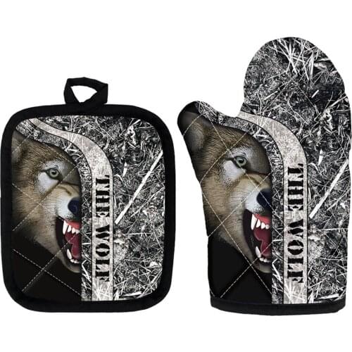 Oven Mitts and Pot Holders Sets for Kitchen Baking Cooking Vintage Wolf Printing Microwave Bbq Gloves with Inner Cotton Layer