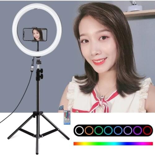 PULUZ 1.1m Tripod Mount 11.8" 30cm Curved Surface RGB Dimmable LED Dual Color Temperature Video Ring Light Live Broadcast Kits