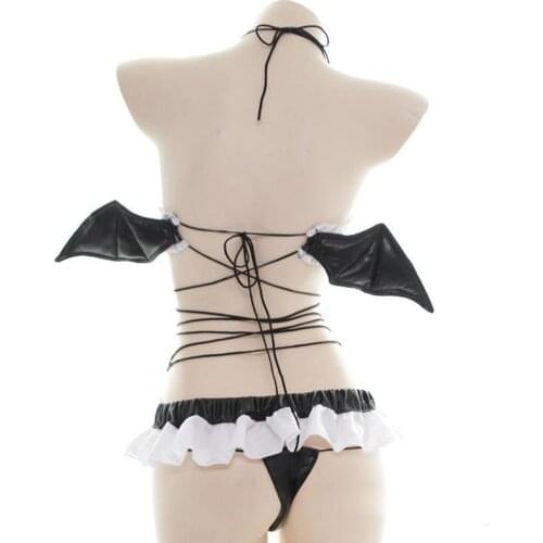 Japanese Devil Bat Wings Lace Sexy Lingerie PU Leather Little Demon Women Cosplay Bikini Open Cup Bra Set Lolita Anime Costumes