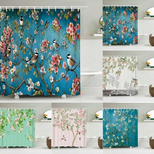 Chinese Birds Gradient Shower Curtains for Bathroom Landscape Plants Green Waterproof Fabric Polyester Bath Decor 180 x 180cm