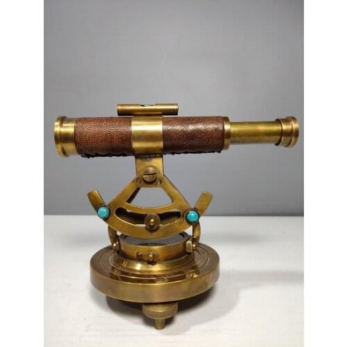 6"China Collection Old bronze gem Leather bag compass Telescope ornaments With spirit level Royal Nautical Telescope Normal use